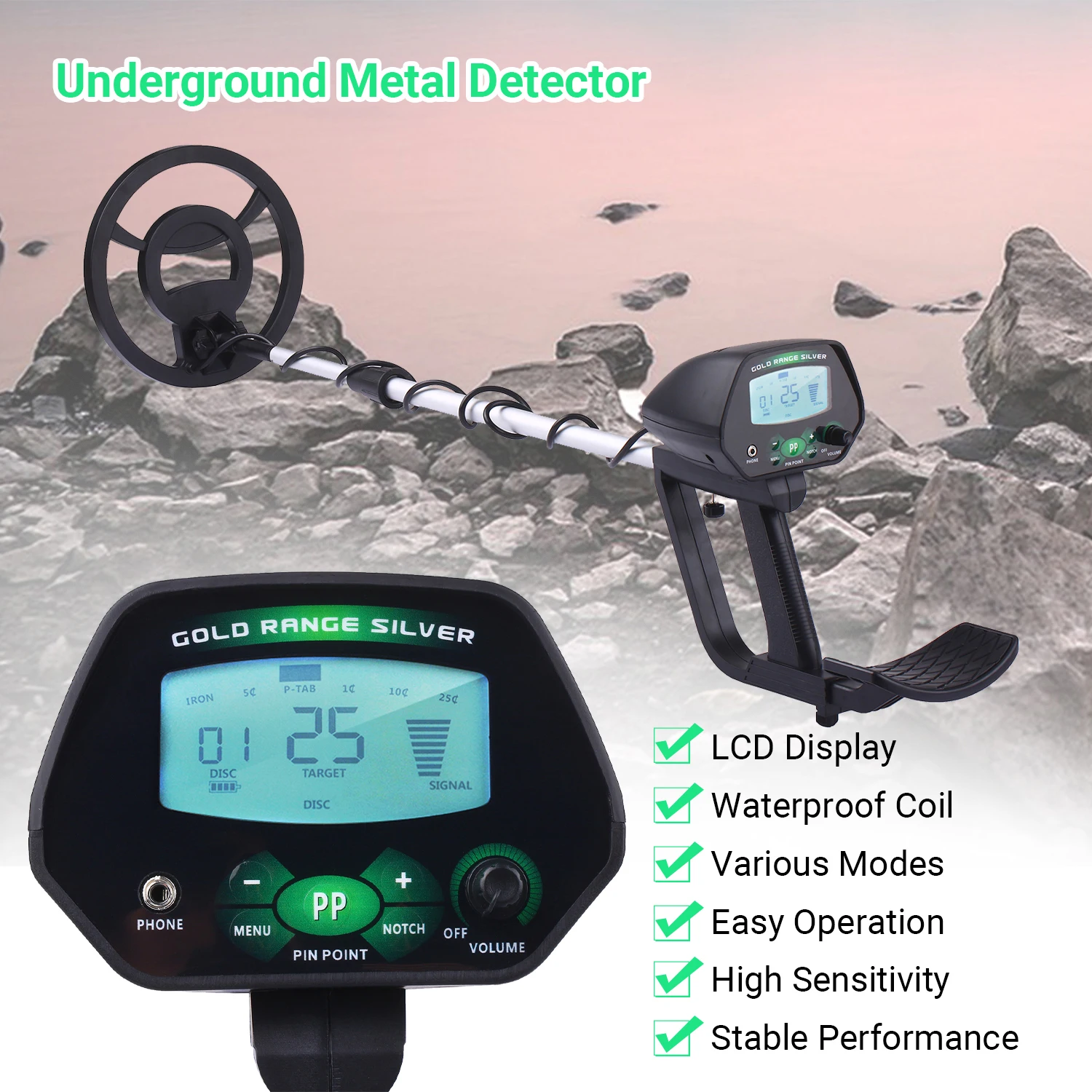 MD4060 Deep Sensitive LCD Metal Detector Waterproof Search Coil Gold Hunter E4U9 