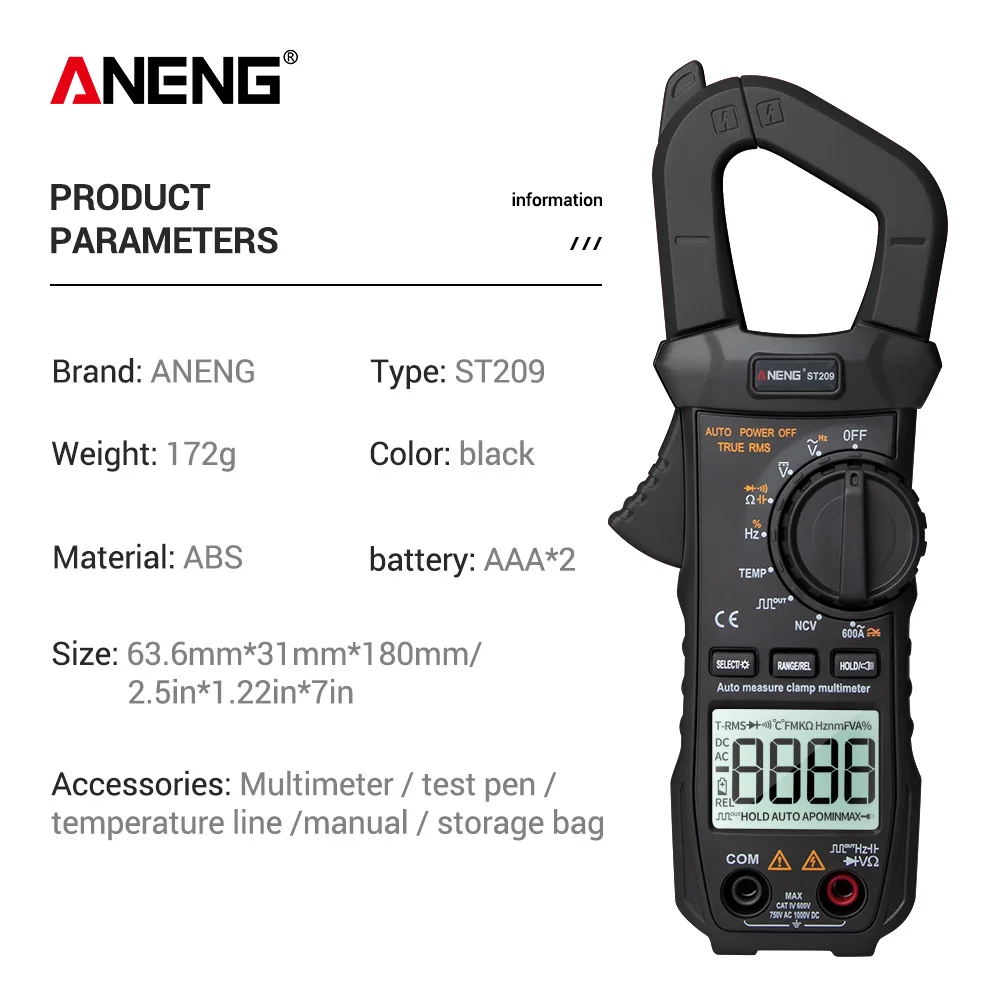ANENG ST209 цифровой измеритель мультиметра 6000 отсчетов True RMS Amp DC/AC токовый зажим тестер 400 В автоматический измеритель дистанции вольтметр - Цвет: Черный