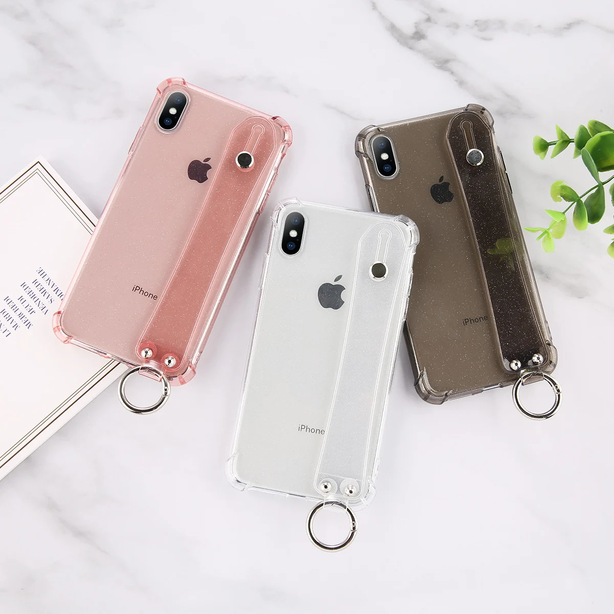 KJOEW Soft Bling Glitter Silicone Transparent Phone Holder Case For iphone XR X Xs max 7 8 6 6s plus Wrist Strap Back Cover |