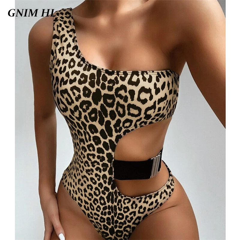 

GNIM One Shoulder Bikini Mujer 2020 Sexy Leopard Print Swimwear Women One Piece Hollow Out Brazilian Swimsuit Beachwear Biquini