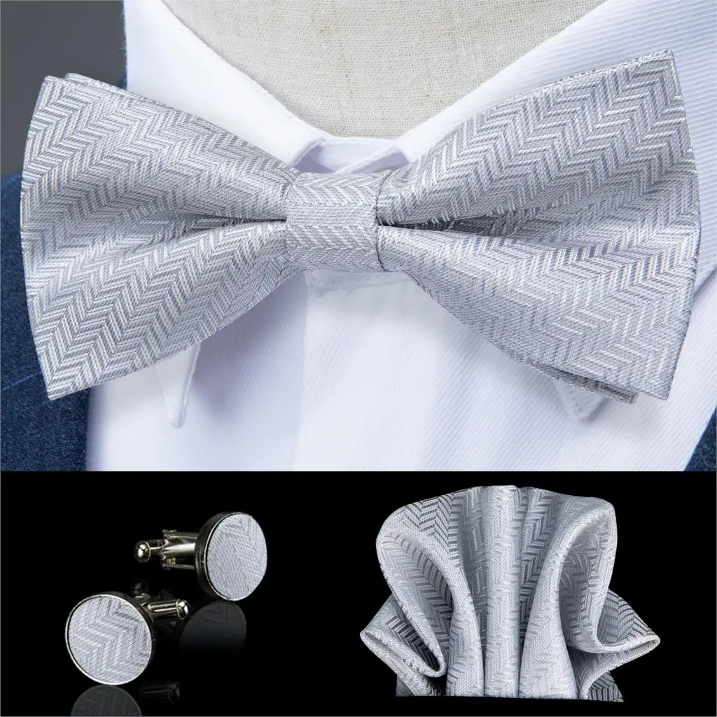 Серебряный однотонный Шелковый мужской шейный платок бабочка для мужчин классический свадебный галстук платок комплект запонок галстук