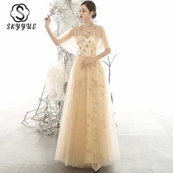 

Skyyue High Collar Evening Dresses Gold Illusion Party Gowns K280 Half Sleeve Vestidos Sexy Elegant Formal Dress Women Elegant