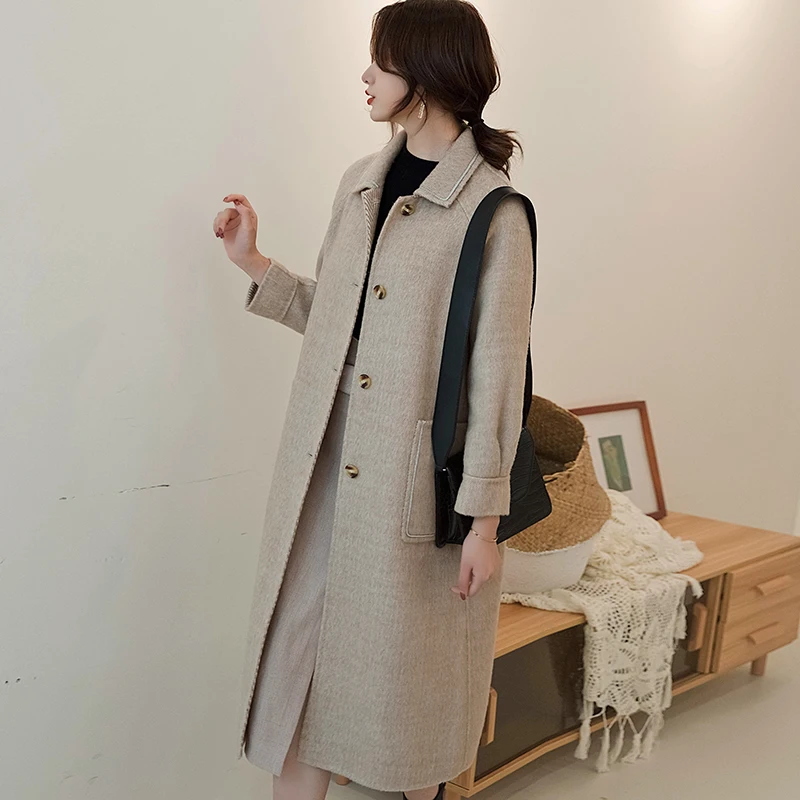 

Autumn and winter new double-sided pure wool coat female long section loose long-sleeved lapel woolen coat thick wool coat
