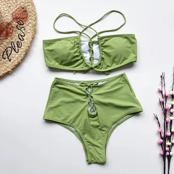 

Bikini Women Draw rope Sexy high waist solid color Bathing Suit