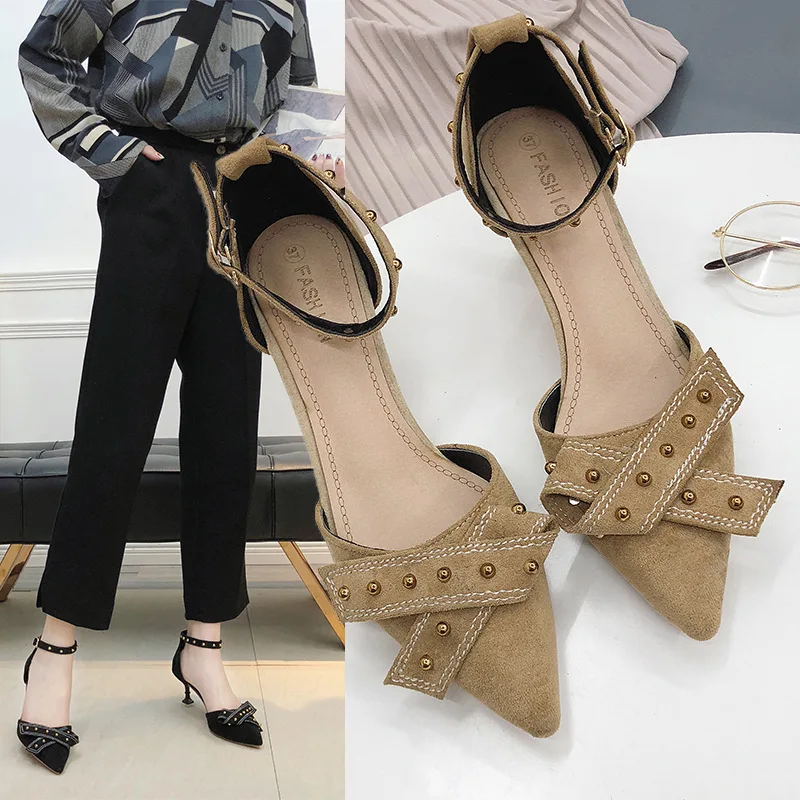 

Spring Spool Heels Straight-line Buckle Pointed Shoes Women Hallow Rivet Sandals Women's Semi-high Heeled Korean-style WOMEN'S S