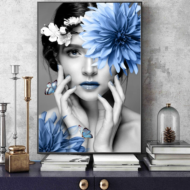 Blue Flowers Beauty Model Canvas Prints Woman Canvas Painting Posters