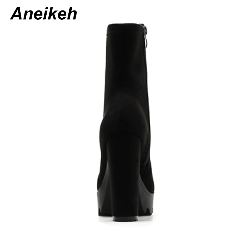 Aneikeh/Новинка года; классические женские ботильоны из флока; Ботинки Челси с круглым носком; офисные Ботинки на застежке с квадратным каблуком; Цвет Черный; Размеры 35-42