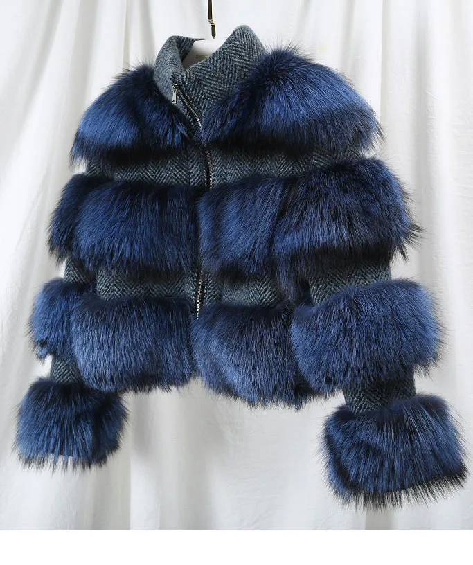 Зимняя куртка женская парка пальто из натурального меха енота шерстяное пальто с воротником куртка-бомбер Корейская уличная одежда синего цвета - Цвет: 4