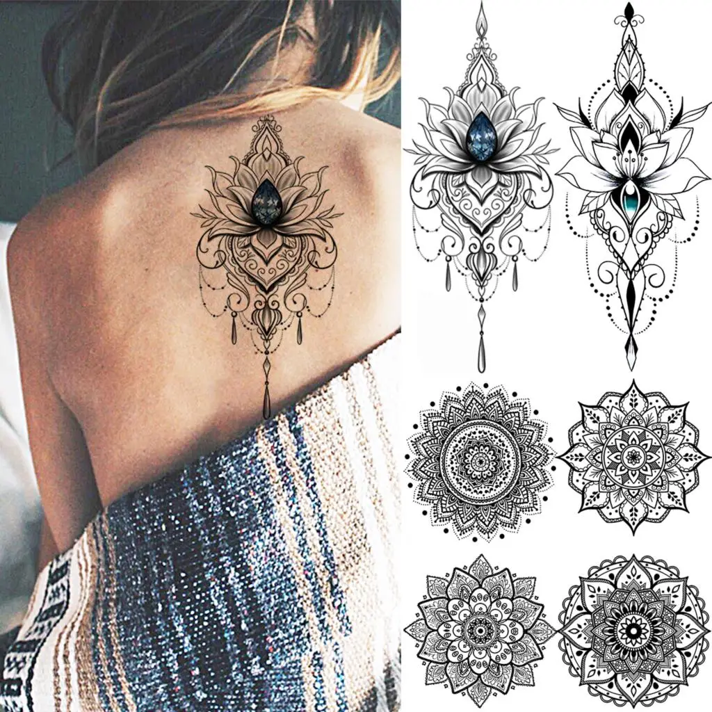 

Black Lotus Pendant Fake Jewelry Temporary Tattoos For Women Adult Girl Realistic Mandala Henna Tattoo Back Waterproof Tatoos