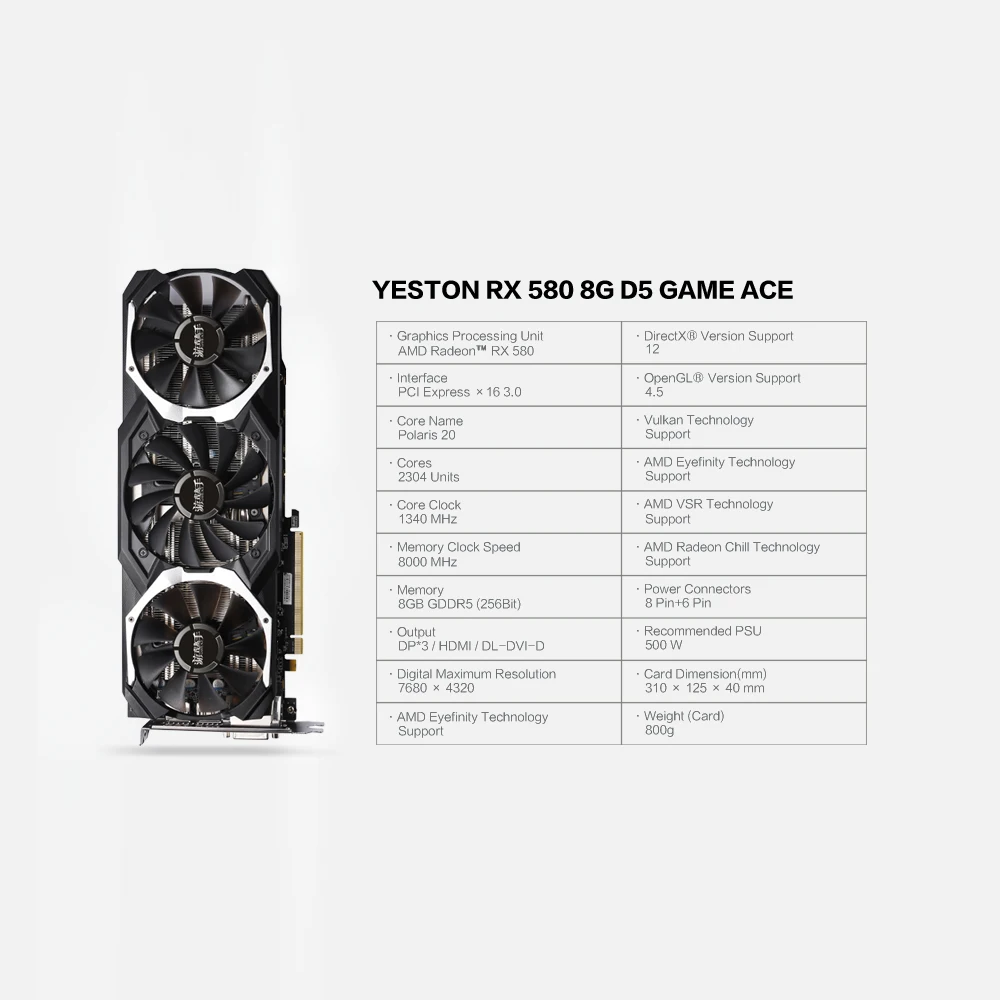 Yeston RX580-8G D5 игра ACE PA Видеокарты Radeon Chill Polaris 20 GPU Ледниковая система охлаждения 8 ГБ GDDR5 256bit DP* 3 HDMI