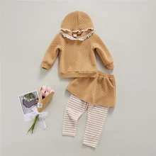 

Winter Toddler Kid Girl 2Pcs Clothes Sets Cute Casual Ruffle Long-Sleeve Hooded Pullover Tops Skirt-Shaped Pants Suit Pink