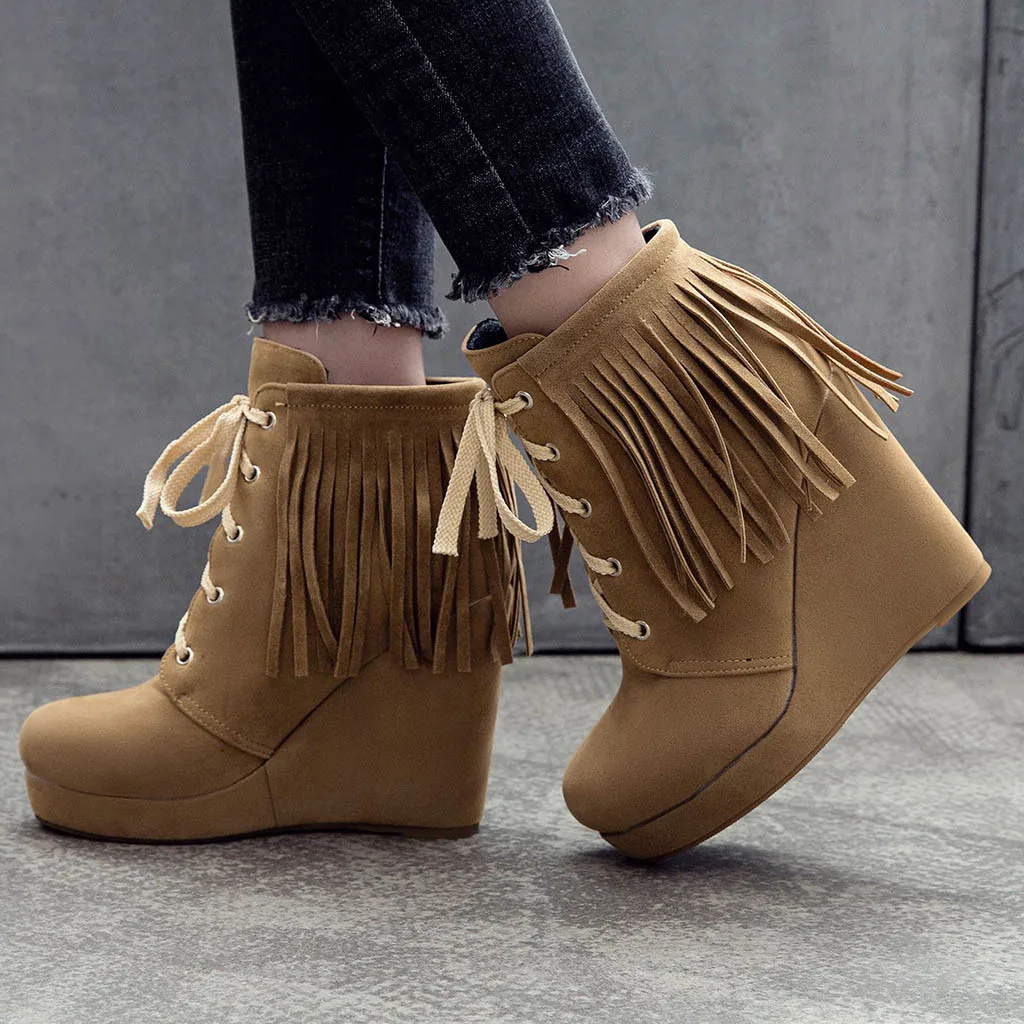 Women Tassel Boots Fashion Vintage Roman Style Ankle Boots Solid Color Flat with Short Snow Boots Slip On Shoes