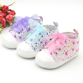 

Baby Girls Shoes Canvas Flower Ribbon First Walker Baby Girl Sneaker Lace Up Soft Sole Prewalkers Unisex Sneaker