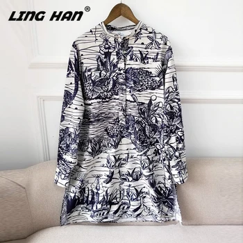 

LINGHAN Vintage Ink and wash Print Cotton Long Shirt Women's Casual O-Neck Long Sleeve Top Blouse Designer Spring Summer New