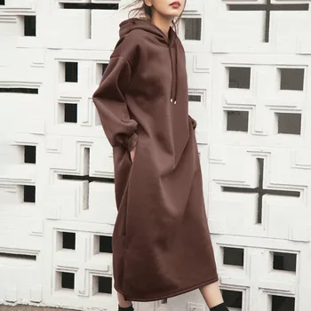 

Hooded Dress Sweatshirt Korean 2019 Autumn Winter Wome Pullover Preppy Style Long Sleeve Solid Hoody Oversized Long Dress Brown