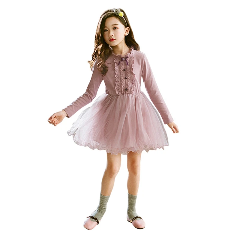 

Children Spring Autumn Girls Cute Mesh Stitching Solid Color Round Collar Princess Long-Sleeved Sweet Tutu Dress