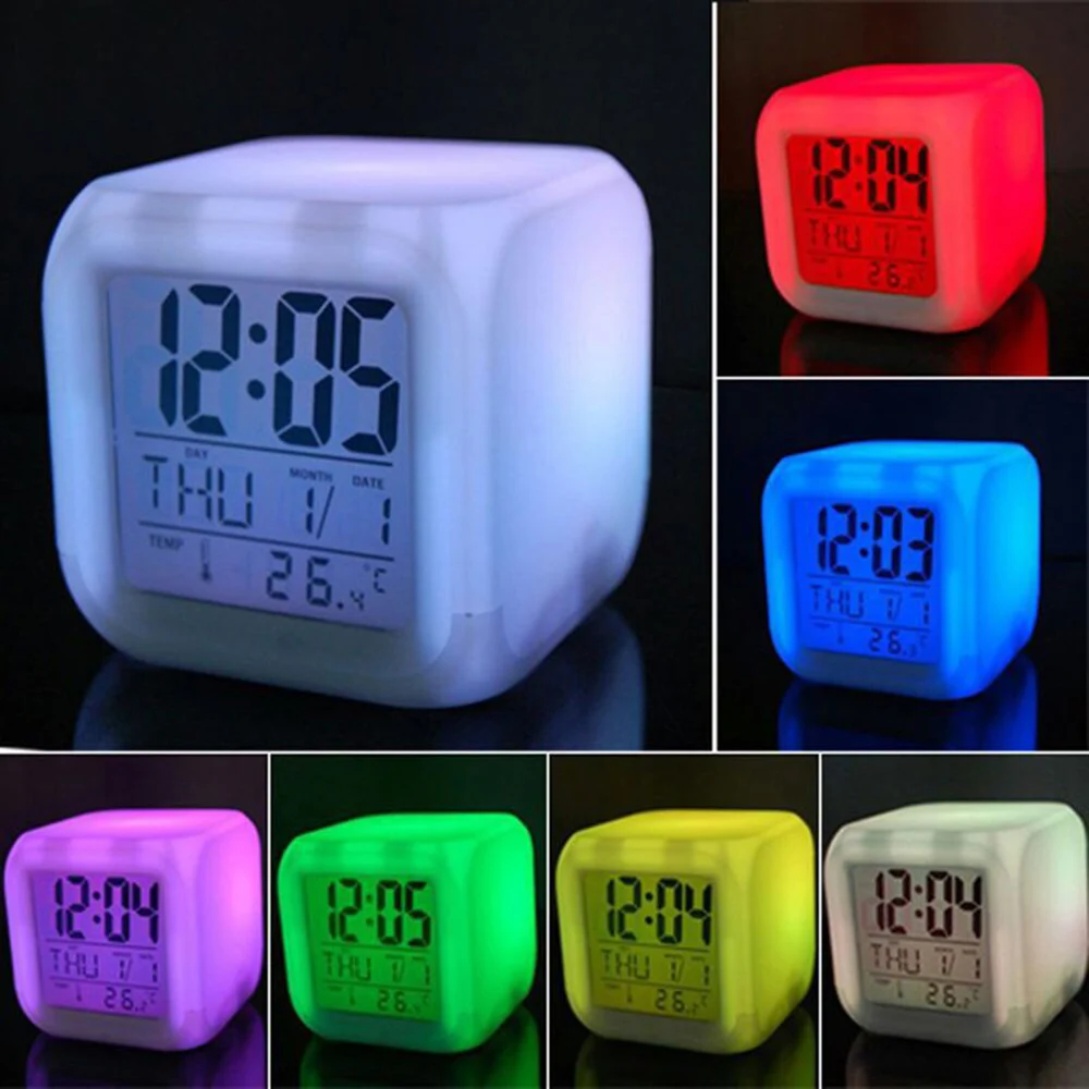 Дети 7 цветов флэш-дисплей температуры спальня часы мини куб часы украшение дома Будильник СВЕТОДИОДНЫЕ Цифровые квадратные настольные часы