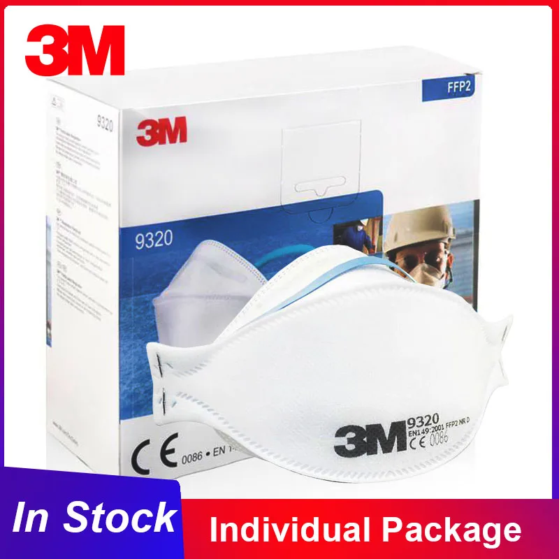 Masque facial sans valve 3M 9320 FFP2, emballage individuel, protection contre la poussière, réutilisable, respirateur de sécurité, en Stock