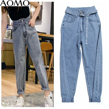 

AOMO fashion women loose harm jeans pants high waist with belt long trousers pockets zipper high street female pants 2A07A