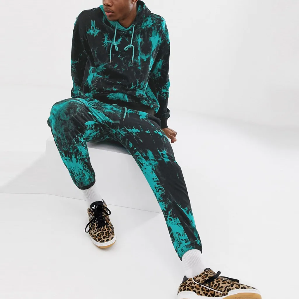 Для мужчин s Dyeing Joggers Осенняя Толстовка с принтом галстука топ брюки наборы спортивный костюм Фитнес Бодибилдинг мужские толстовки брюки джоггеры