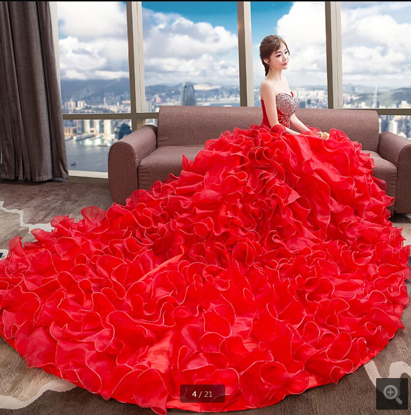 Robe de Mariage, красное бальное платье из органзы с оборками, свадебное платье, сильно Расшитое Бисером, кристаллы, часовня, поезд, блестящие платья невесты