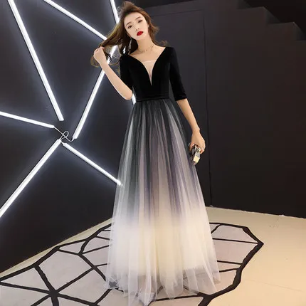 black sleeves Платье для выпускного вечера A Line vestido de festa фатиновые платья для выпускного вечера сексуальные длинные вечерние платья - Цвет: black sleeves