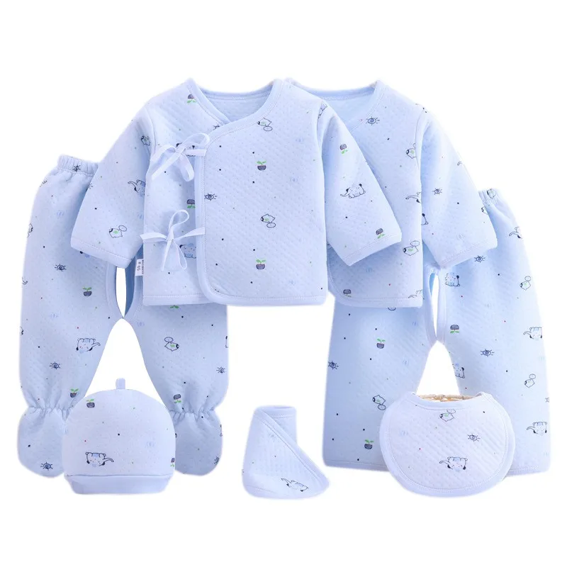 BL 0-3M Baby Newborn Soft Comfortable Casual Cute Cartoon Pattern Three-layer Thermal Warm Underwear Seven-piece Set - Цвет: BL