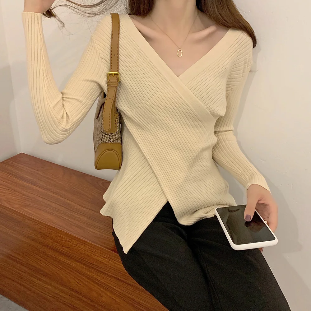 

Croysier Women Sweaters 2021 Autumn Winter Casual Knitted Pullover Sweater Jumper V Neck Crossover Sexy Long Sleeve Top Knitwear