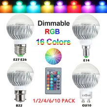 Bombilla led rgb lâmpada de controle remoto 16 cores led e27 e26 e14 b22 gu10 pode ser escurecido lâmpadas led luz do feriado rgb iluminação d20