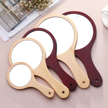 

Portable HD Round Wood Vintage Hand Mirror Make Up Mirrors With Handle For Women 3 Size Option High Quality