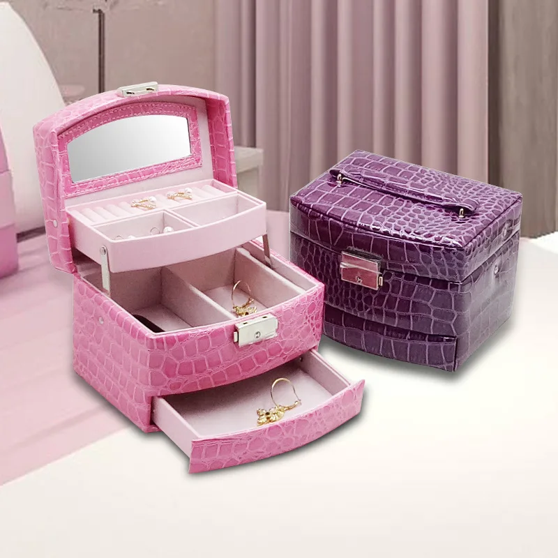 

Leather Jewelry Box European Style Princess Small Semi-automatic Pumping Wood Jewelry Ear Stud Bracelet Organizing Storage Doubl