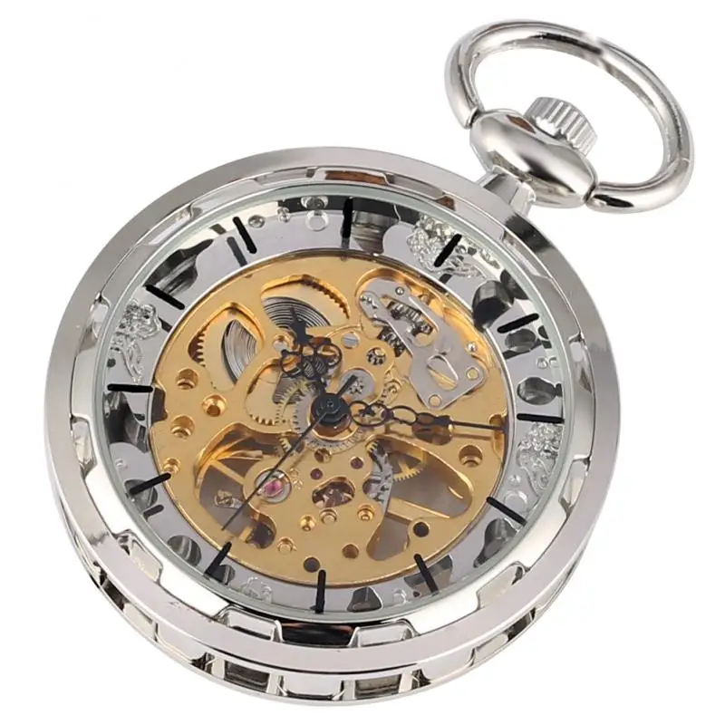 Silver Hand-winding Mechanical Pocket Watch Open Face Skeleton Hollow Retro Watches Men Women Collectable with Pendant Chain