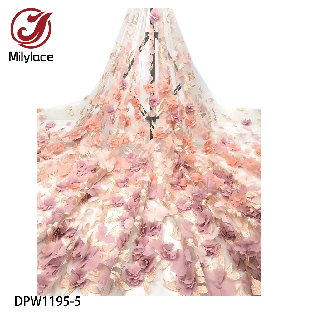 African 3D Flower Applique Lace Fabric Wedding Material 5 Yards Nigerian French Delicate Embroidered Tulle Mesh Lace DPW1195