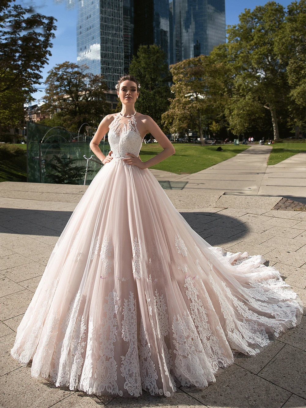 

Ball Gown Wedding Dress 2020 Customized Sexy Halter Backless Halter Appliques Backless Court Train Princess Wedding Gowns