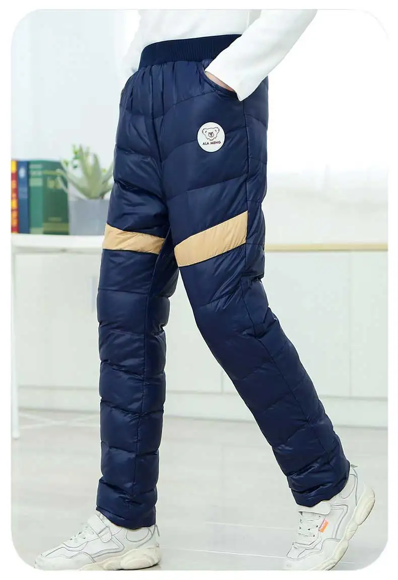 Штаны для мальчиков Новое поступление, зимняя одежда теплые пуховые брюки для девочек-подростков, леггинсы для девочек детские плотные непромокаемые брюки - Цвет: Navy blue