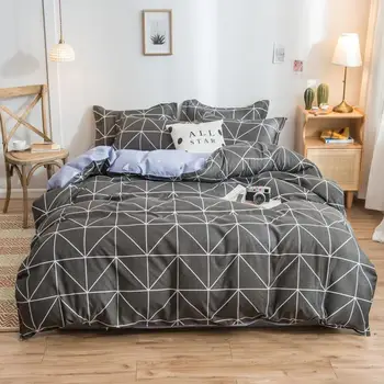 

3/4pcs/Set Geometric Plaid Pattern Comforter Bedding Set Black Bed Linen Duvet Cover Set Grey No Filler Home Textile