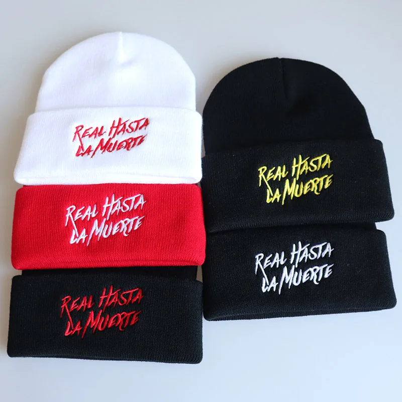 

Real Hasta La Muerte Embroidered Knit Cap Woolen Hat Hip Hop Hood Knitted Hats Female Bonnet Cap Unisex Cap
