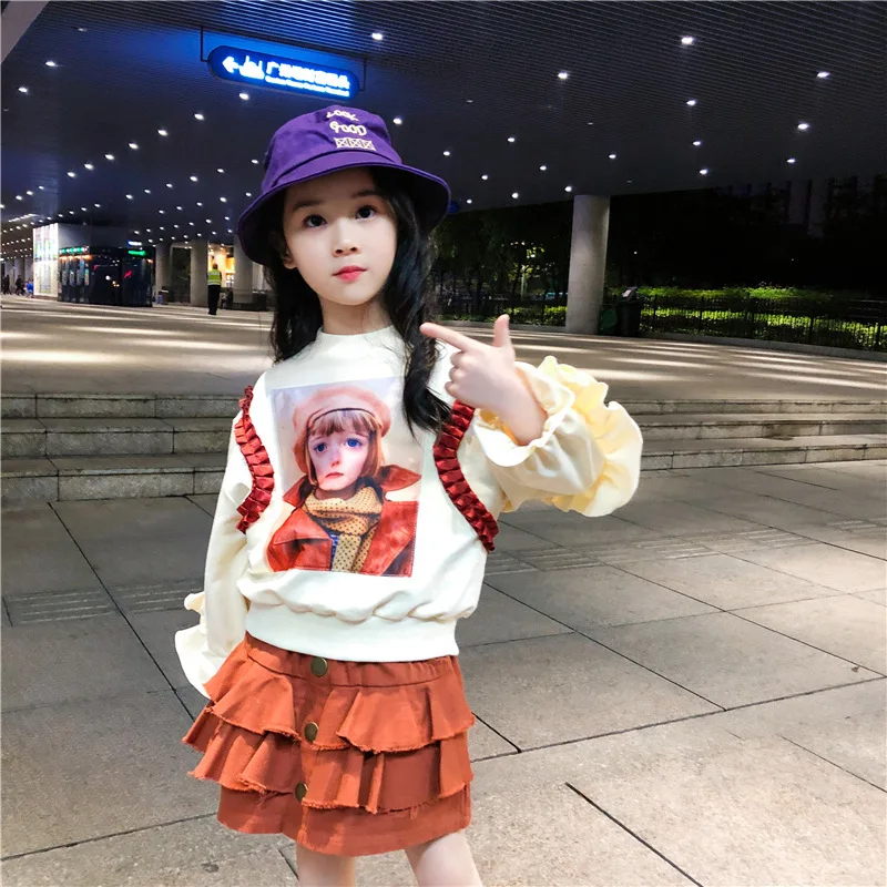 

Girls 2019 Spring And Autumn Trend Contrast Color Hoodie Princess Cake Dress Set 3-12-Year-Old Children Spring Clothing Two-Piec