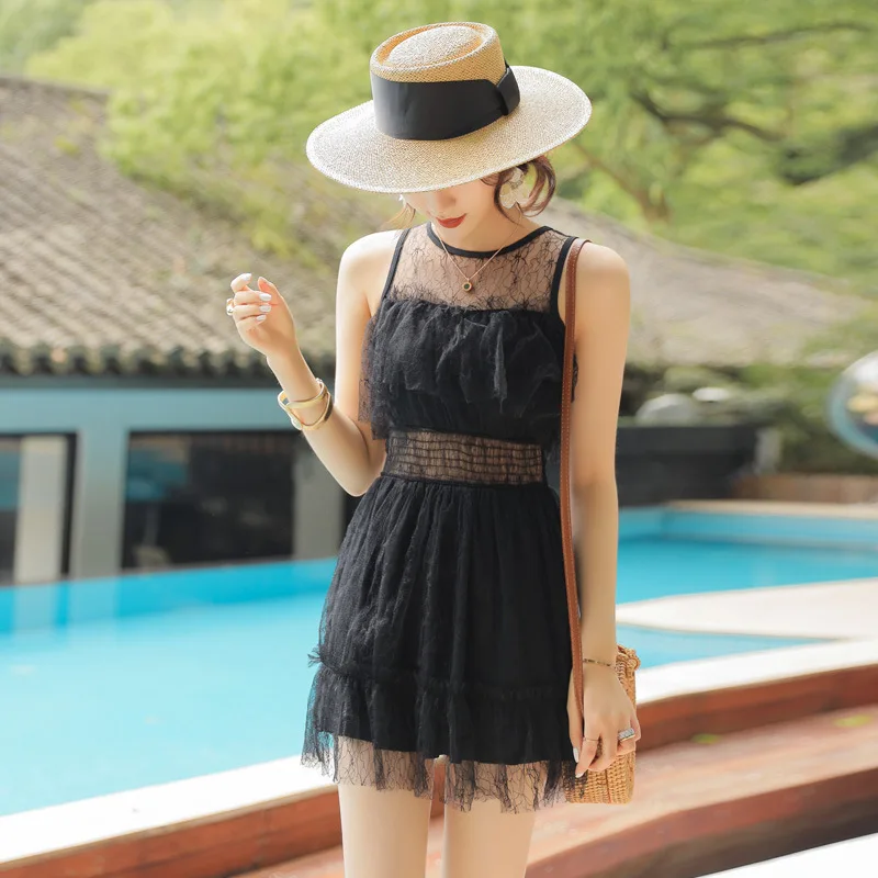 

Woman Bikini Swimsuit Swimwear 2019 Bathing Clothes Girl Swimming Suit For Girls New Female Lace Screen Leaf Black Split Skirt