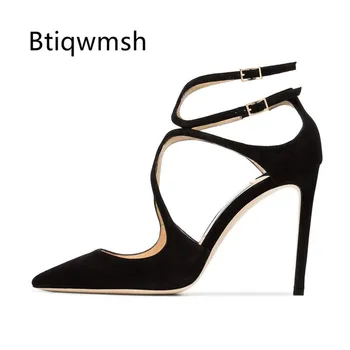 

2019 Sexy Black Suede Bandage Sandals Woman Pointed Toe Cut Out High Heel Shoes Woman Sexy Party Shoes босоножки женские