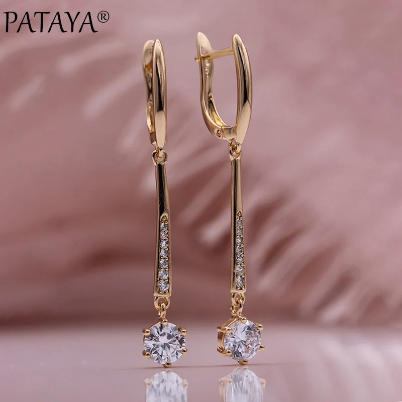 Dangle Earrings Long Earrings PATAYA New Women Round White Natural Zircon Dangle Earrings 585 Rose Gold Color Luxury Fine Casual Fashion