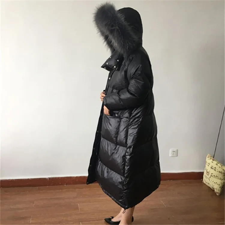 Стиль корейский стиль пуховик женский длинный толстый с капюшоном большой меховой воротник одеяло-свободный крой пальто от производителя W