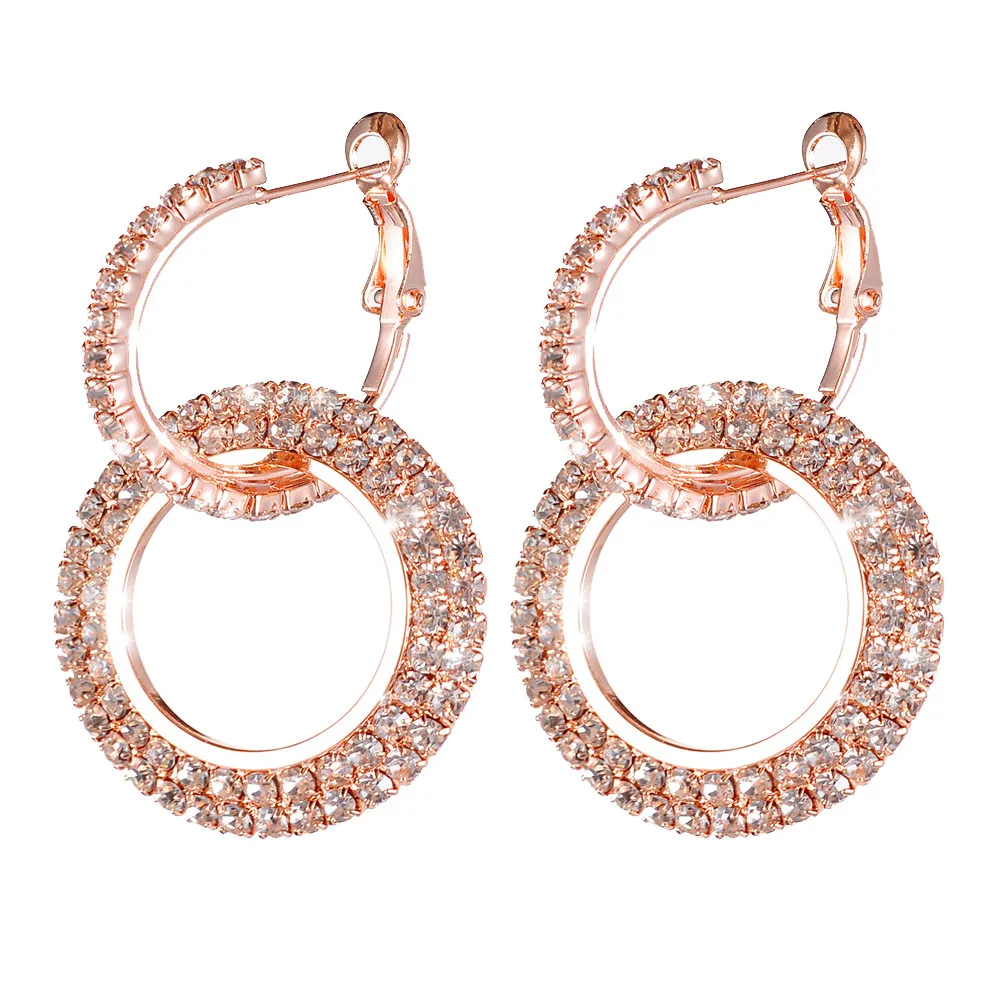 Rose Gold Женские серьги, Роскошные инкрустированные стразы, круглые серьги, модные повседневные блестящие стразы, розовое золото, серьги-кольца, сережки, колечки# Z - Окраска металла: Rose Gold