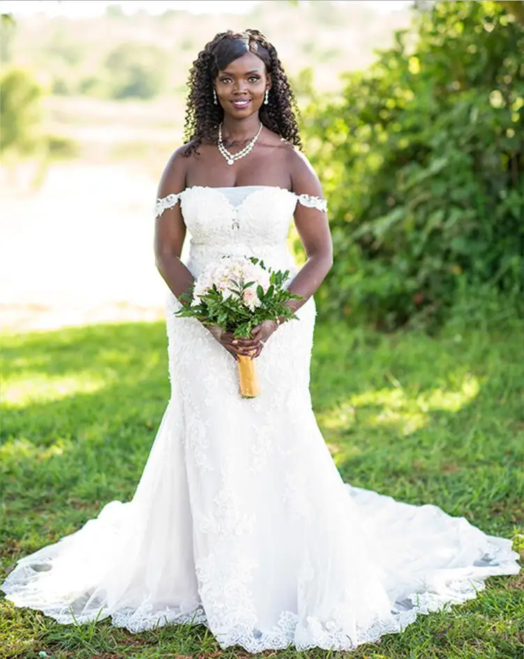 

Booma African White Applique Lace Mermaid Wedding Dresses 2019 Off the Shoulder Bridal Dress Sexy Wedding Gowns Plus size