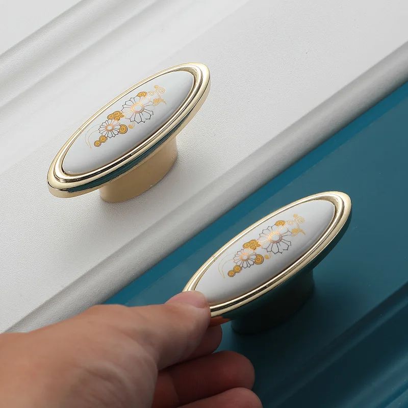 JD European Cabinet Wardrobe Door Single Hole Handle Gold Ceramic Handle Modern American Flower Pattern Drawer Furniture Handle