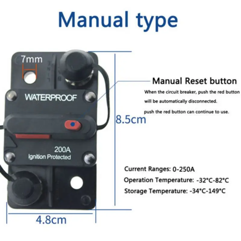 Interruttore Automatico Ripristino Manuale 12V-24V DC, Impermeabile, Montaggio Superficiale, per Auto Barche Marine Camion, 80A-300A