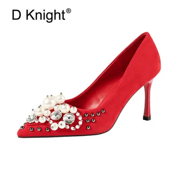 

Korean Pumps Women Bride Wedding Shoes Fashion Pointed Toe Rhinestone High Heels Nightclub Thin Small Heel Pearls Stiletto Women