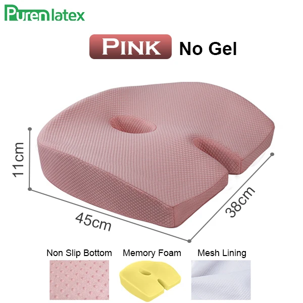 Purenlatex подушка для автомобильного сиденья из пены с эффектом памяти, Ортопедическая подушка для стула, облегчающая боль, радикулит для офиса, дома, эргономичная защита - Цвет: PinkNoGel