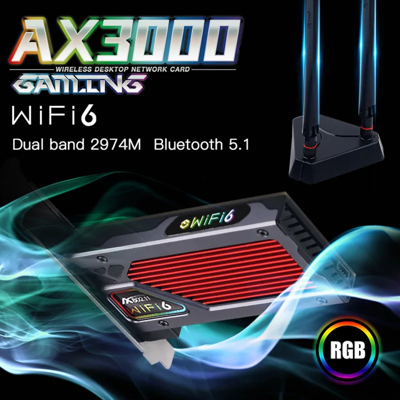 Cartão para Jogos de Computador Adaptador sem Fio Fenvi Wi-fi Pcie Wifi Desktop Bluetooth 5.1 Banda Dupla 802.11ax Mu-mimo Rgb Luz Ax3000 6 - Imagem 3