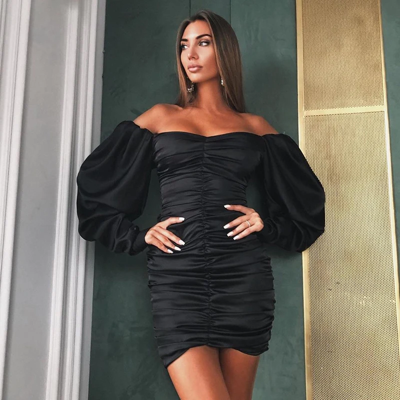 Hugcitar 2019 long puff sleeve slash neck satin pleated sexy mini dress autumn winter women solid party elegant streetwear outfi